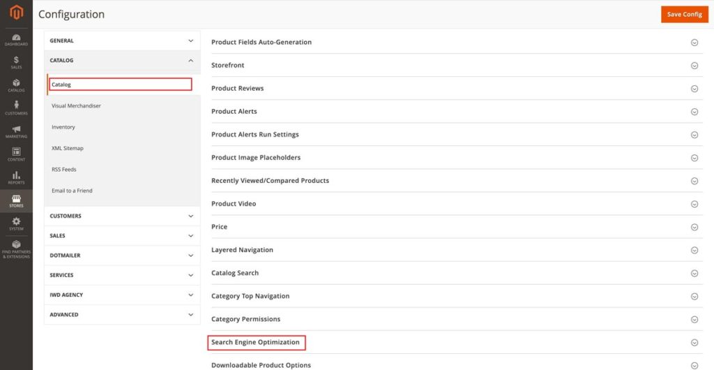 Magento 2 Catalog -> SEO Config” class=”wp-image-2459″/><figcaption>2. Select the “Catalog” option from the right hand menu followed by the “Search Engine Optimisation” tab.</figcaption></figure>



<figure class=